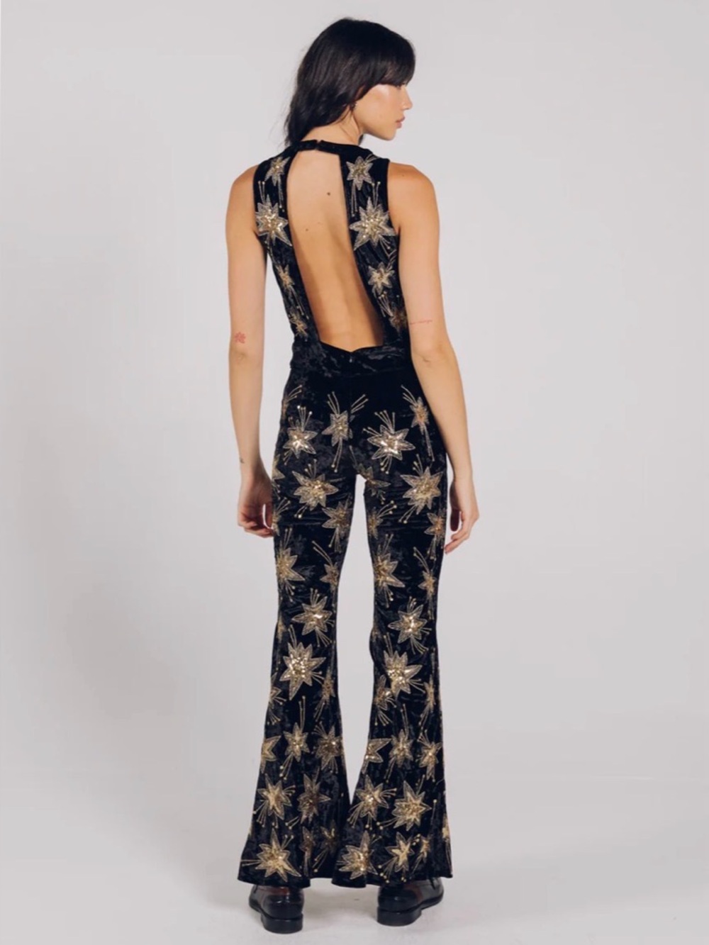 Black Velvet Boot-Flare Jumpsuit with Gold Star Embellishment